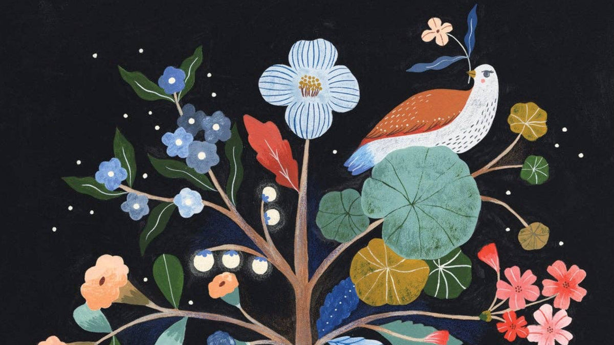 Greeting Card Colorful illustration of a tree with flowers and birds on a black background by Flora Waycott