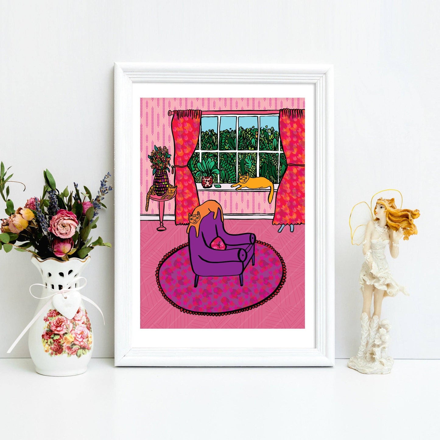 Purple Living Room Cats - Art Print: A3