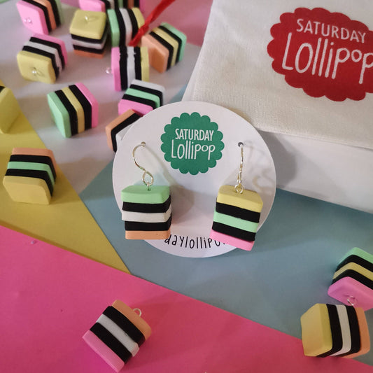 Licorice Allsort dangly earrings: Mismatch pair