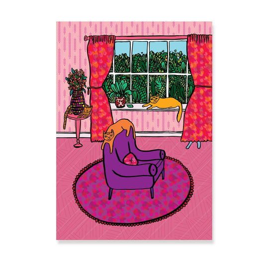 Purple Living Room Cats - Art Print: A3