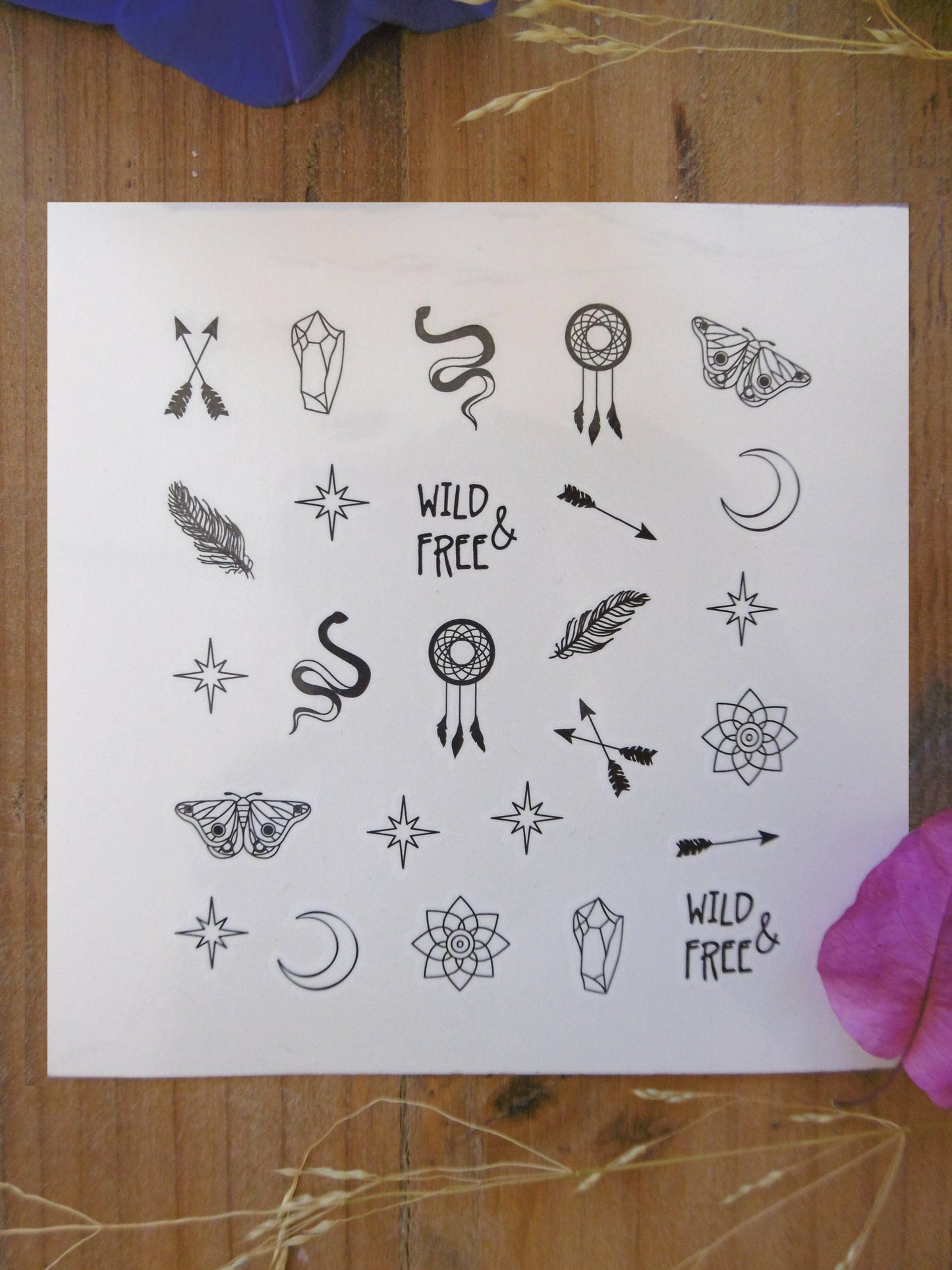 Moon, Snake, Stars, Papil Mini Temporary Tattoos Set