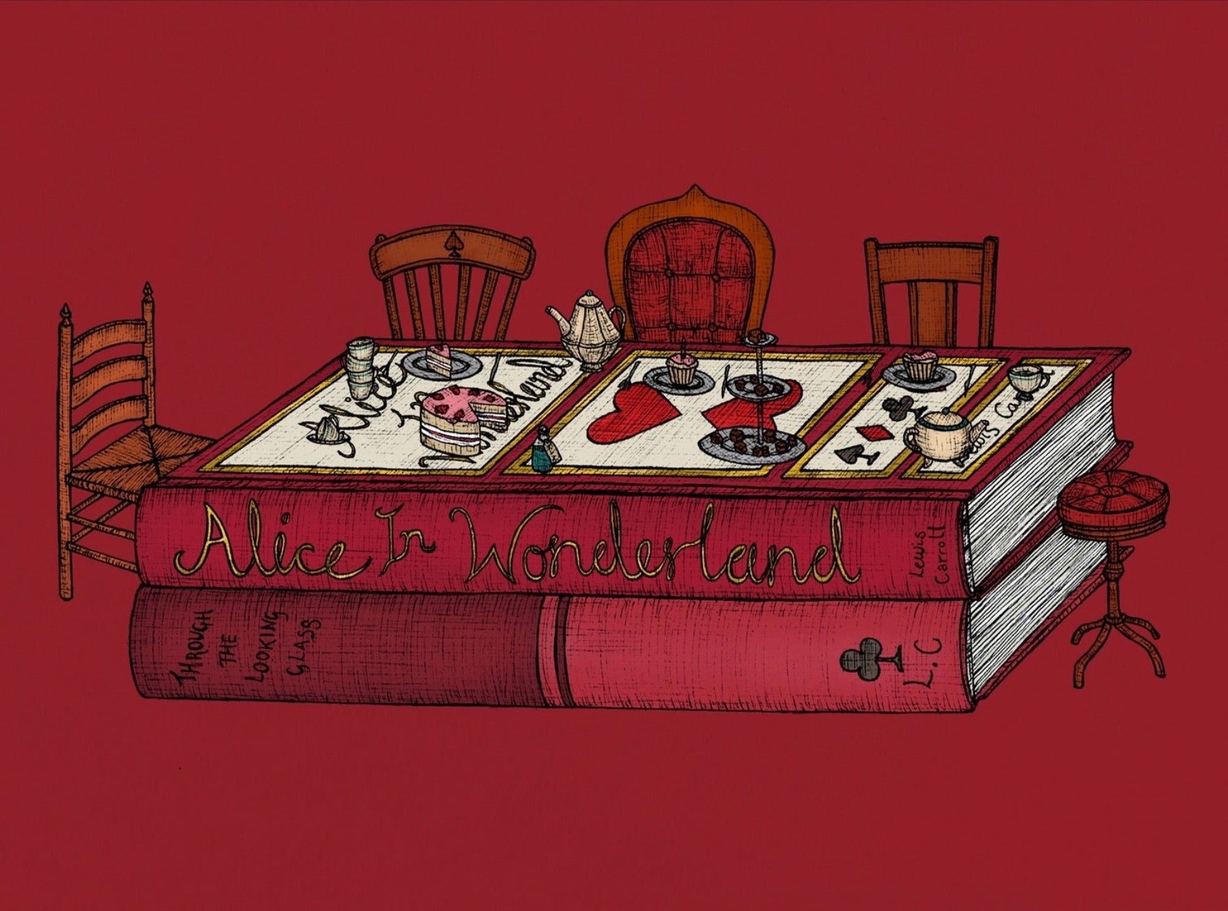 Illustration of a dining table scene on top of two books with a red background. this is a print by Australian artist - The Nonsense Maker