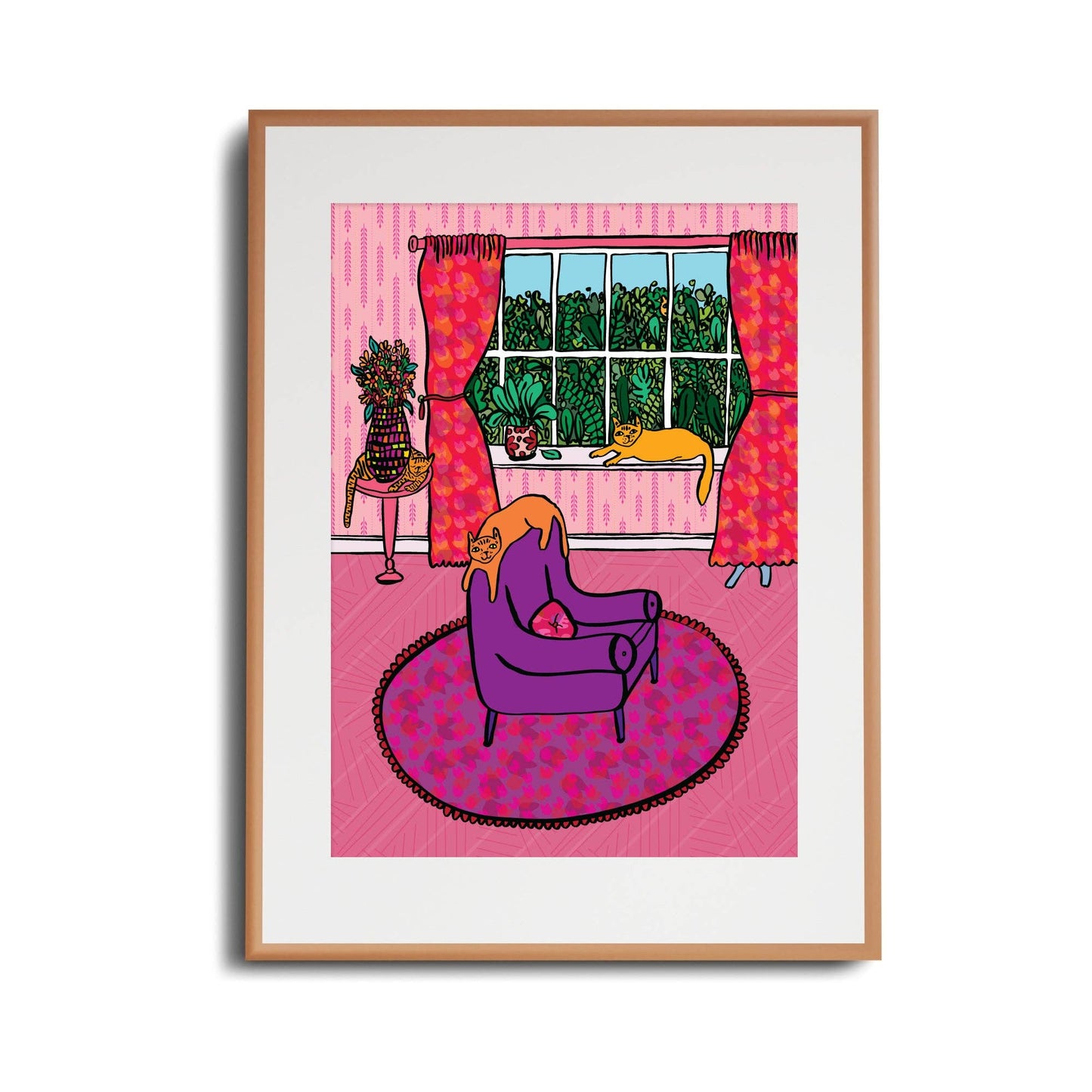 Purple Living Room Cats - Art Print: A3